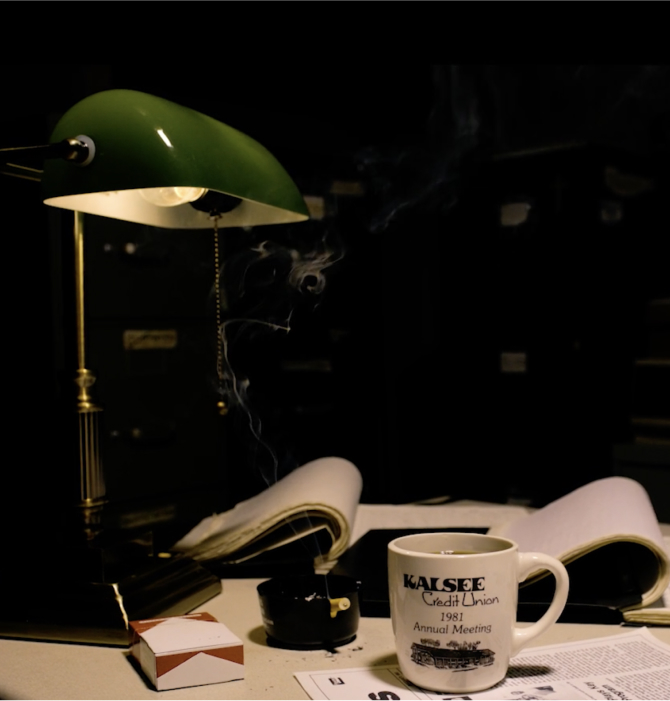 Historic style photo of vintage lamp and Kalsee CU coffee mug